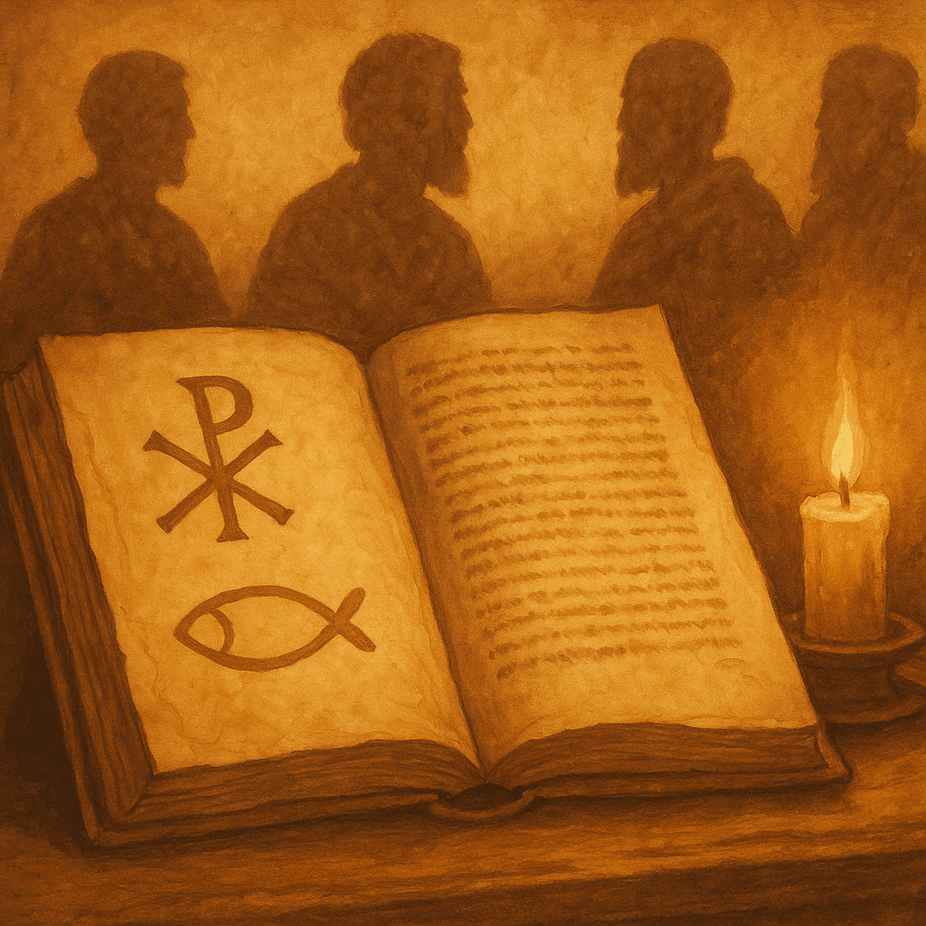 createdverse illustration of an open ancient Christian manuscript with Chi-Rho and fish symbols lit by a candle, silhouettes of early church fathers behind.